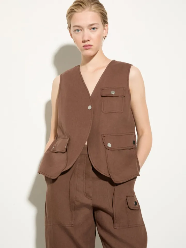 Pure linen gilet - coffee