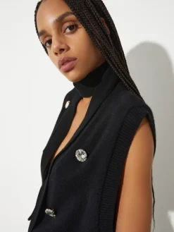 Rhinestone-embellished knit gilet - black