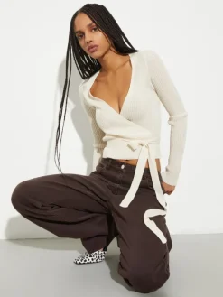 Rib-knit wrap cardigan - ecru