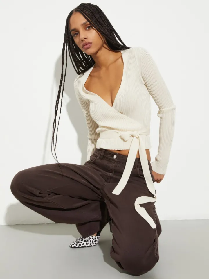 Rib-knit wrap cardigan - ecru