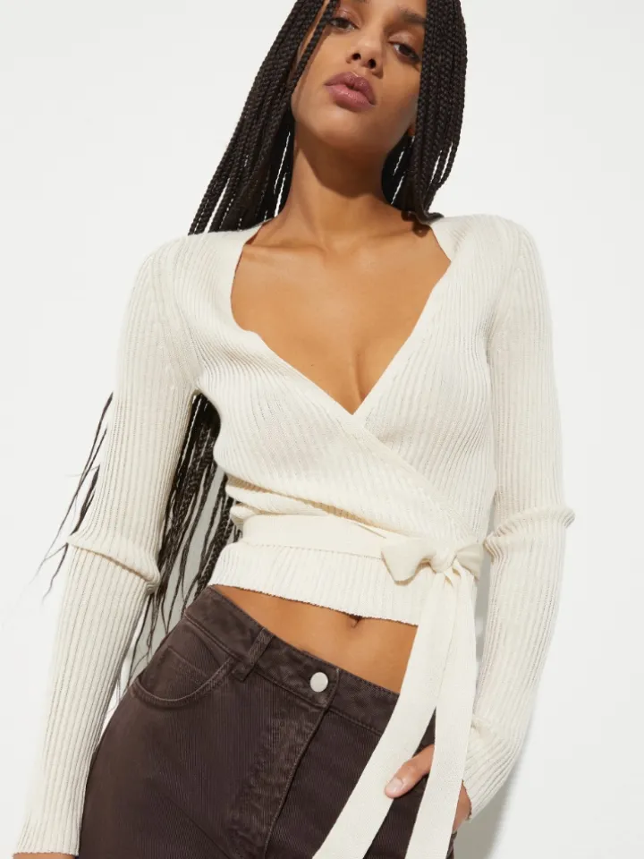 Rib-knit wrap cardigan - ecru