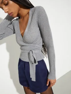 Rib-knit wrap cardigan - melange grey