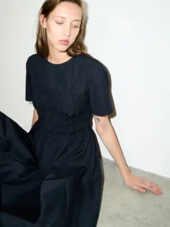Ruched cotton-poplin midi dress - black