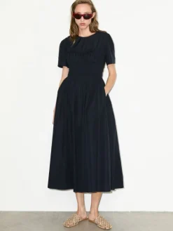 Ruched cotton-poplin midi dress - black