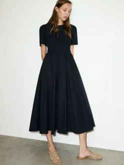 Ruched cotton-poplin midi dress - black