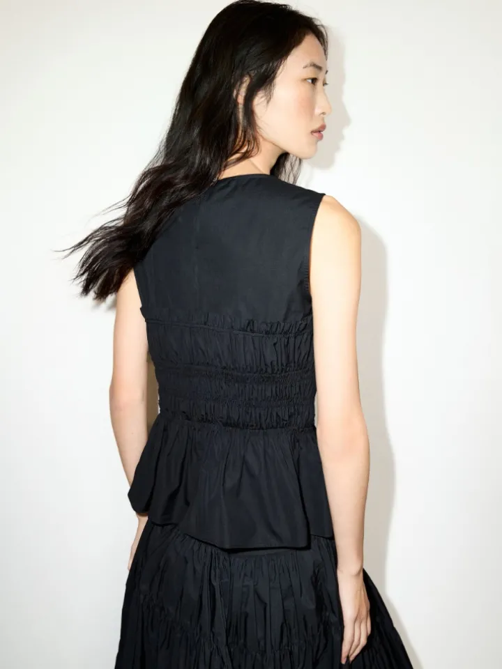 Ruched cotton-poplin top - black