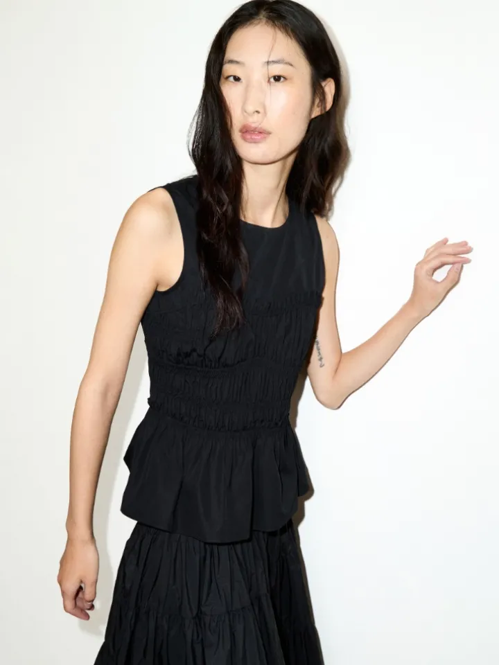 Ruched cotton-poplin top - black