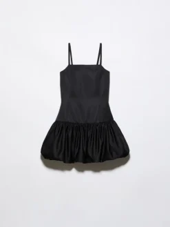 Satin balloon hem mini dress - black
