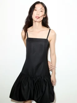 Satin balloon hem mini dress - black