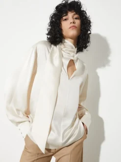 Scarf-detailed silk-satin blouse - white