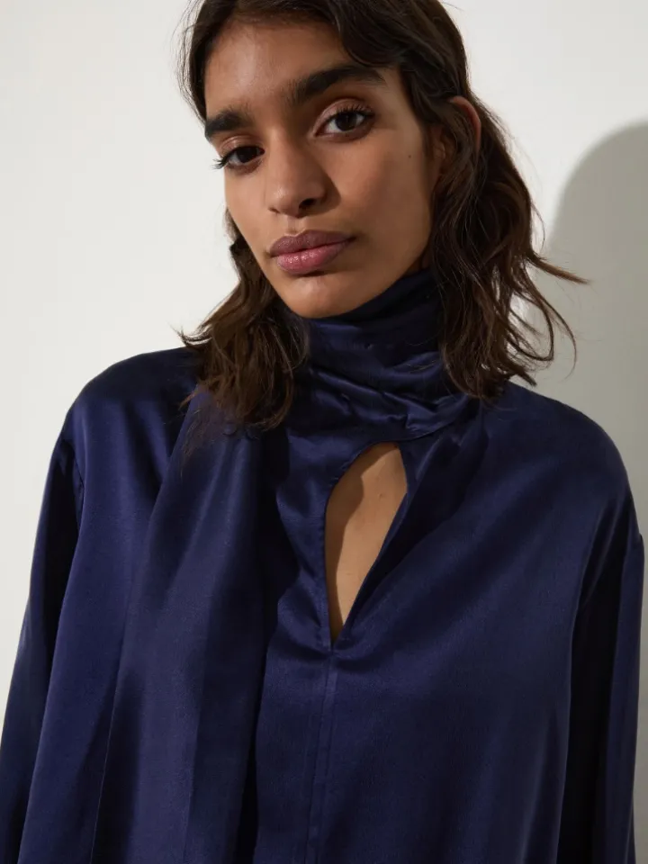 Scarf-detailed silk-satin blouse - navy