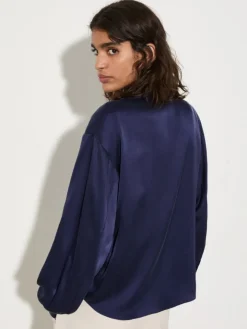 Scarf-detailed silk-satin blouse - navy