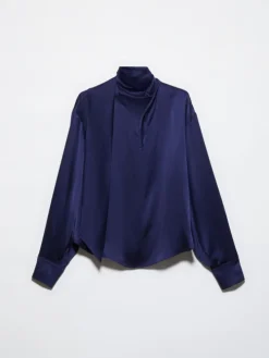 Scarf-detailed silk-satin blouse - navy