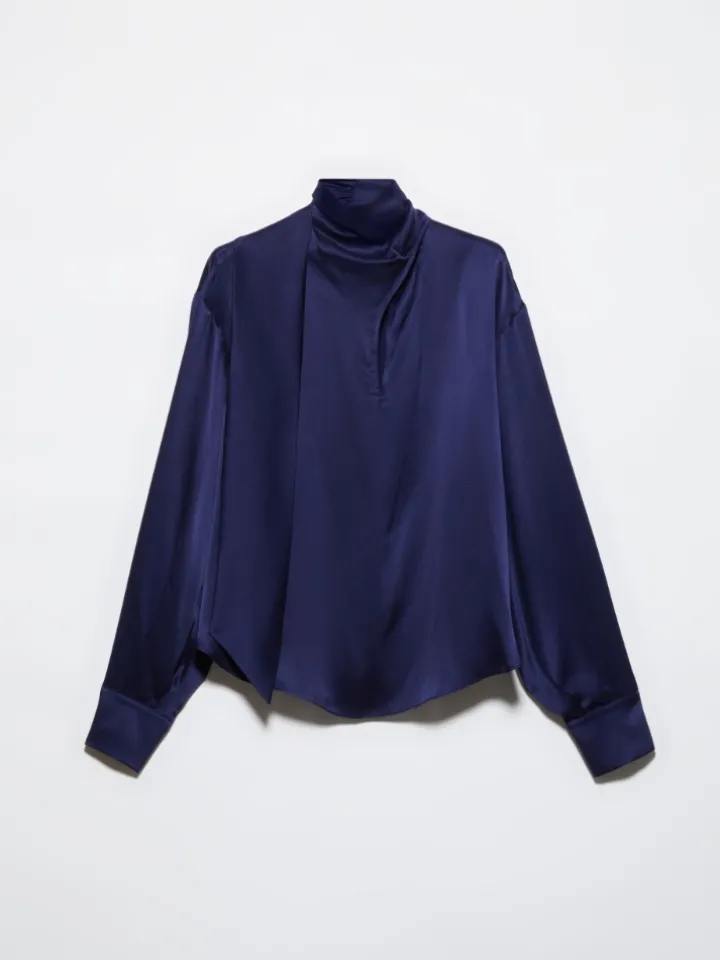 Scarf-detailed silk-satin blouse - navy