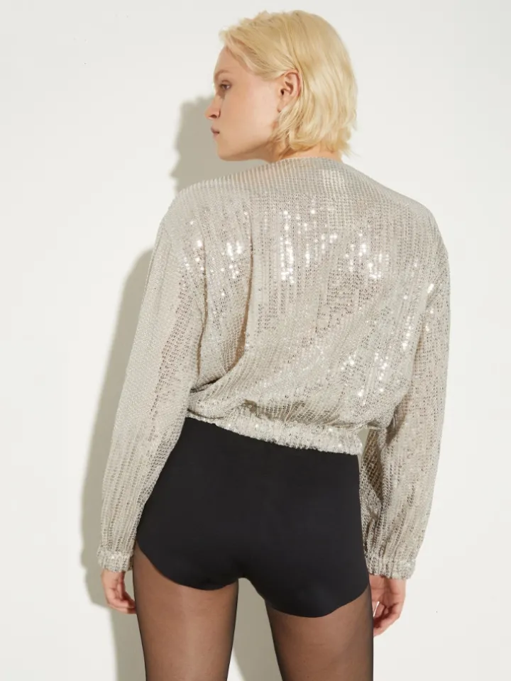 Sequinned tulle bomber jacket - powder