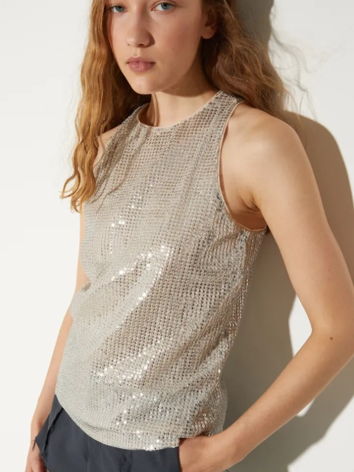 Sequinned tulle top - powder