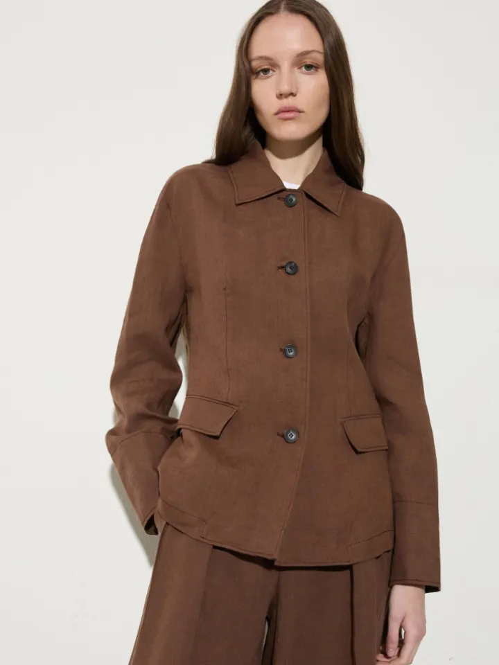 Slim pure linen blazer - coffee