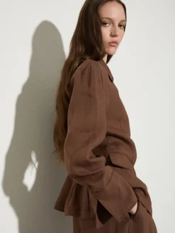 Slim pure linen blazer - coffee