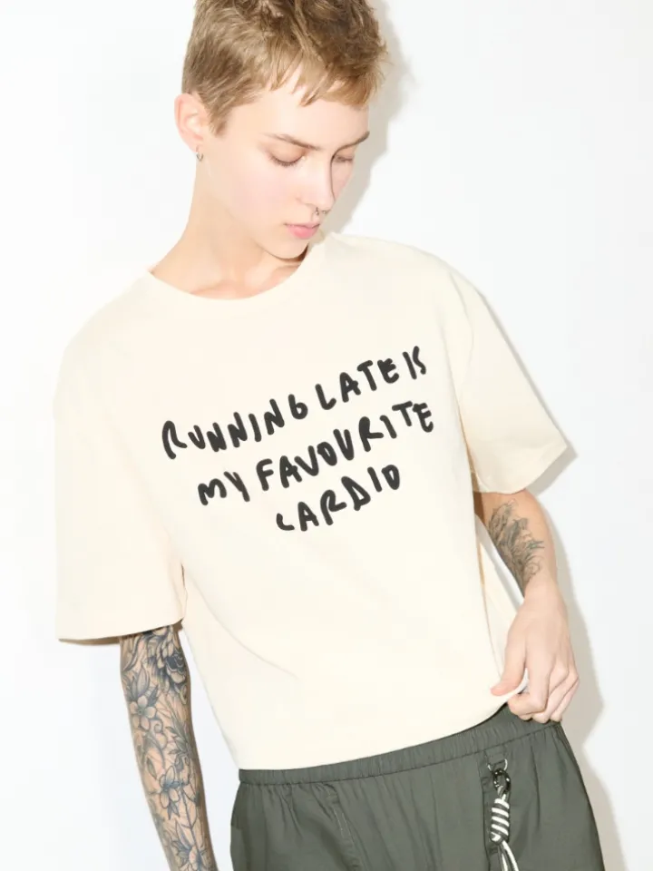 Slogan-print boxy-fit T-shirt - milk