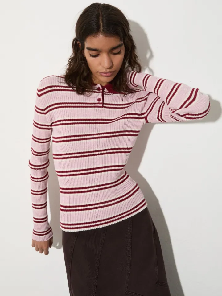 Striped polo-neck jumper - red