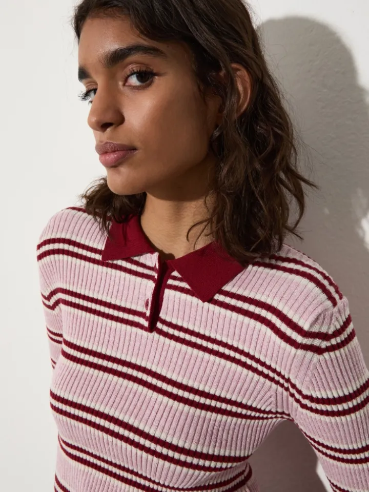 Striped polo-neck jumper - red