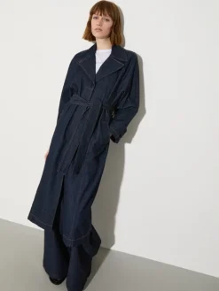 Textured denim trench coat - navy