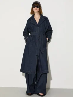 Textured denim trench coat - navy