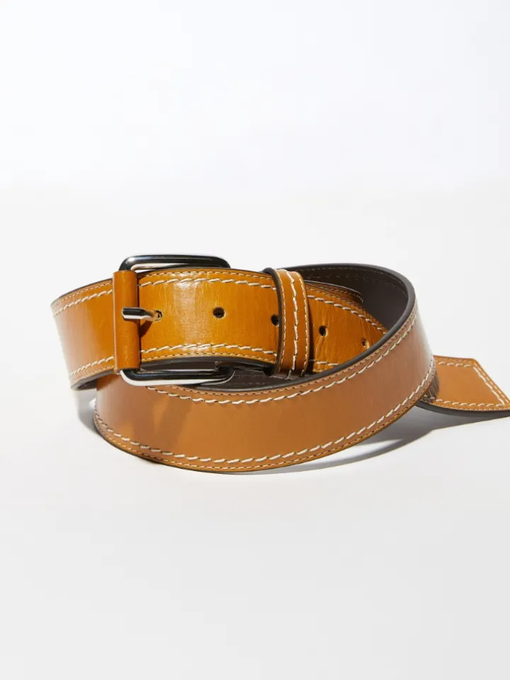 Topstitched leather belt - natural