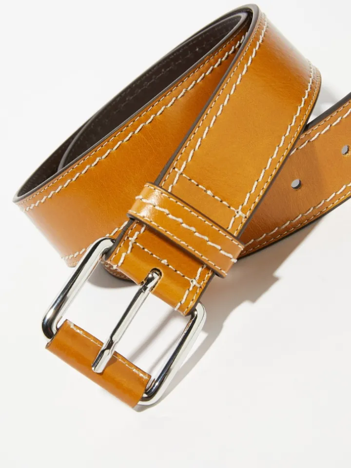 Topstitched leather belt - natural