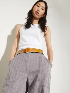 Topstitched leather belt - natural