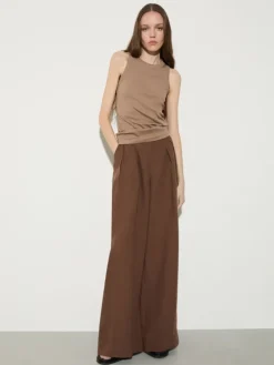 Wide-fit pure linen trousers - coffee